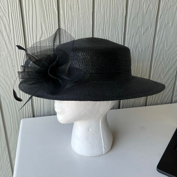 VTG Black Wide Brim Hat Mesh & Feather Trim Formal Church Derby Tea - Picture 4 of 12